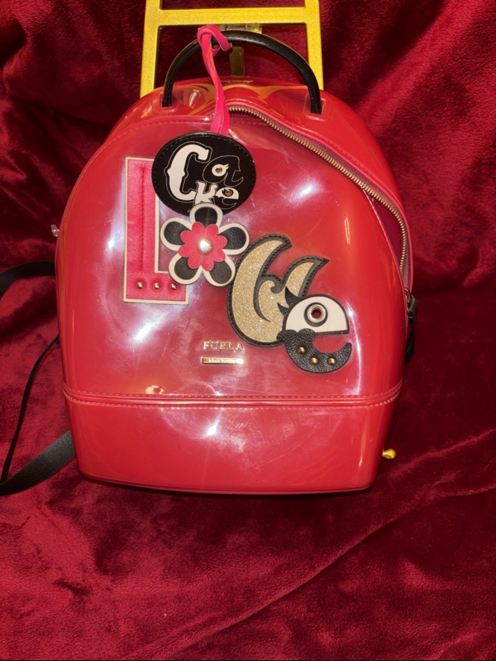 Furla Glossy Red Mini Backpack with Playful Patch Appliqués